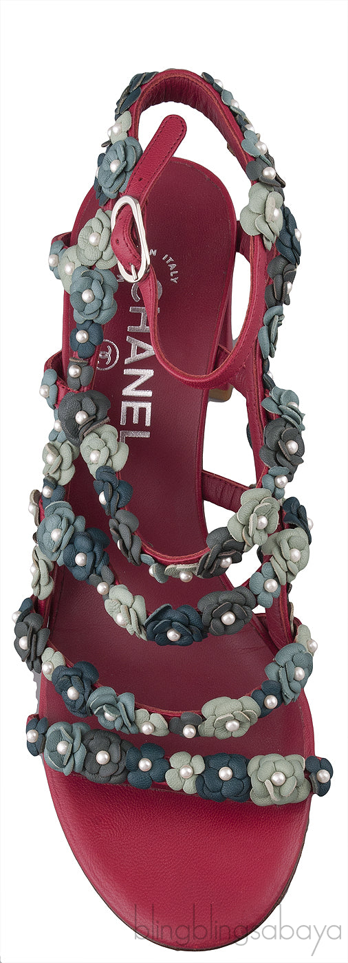 Chanel Camellia Strappy Pearl Red Sandals