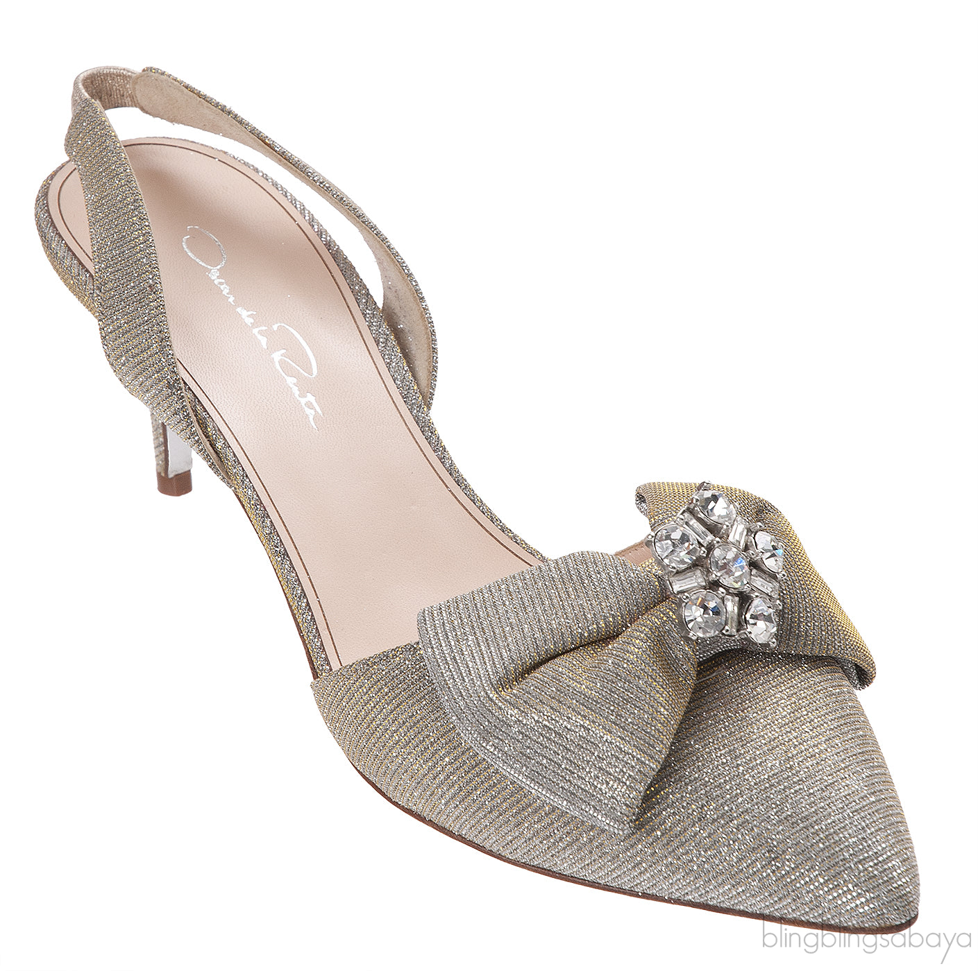 Oscar dela Renta Silver Gold Bow Slingback Heels