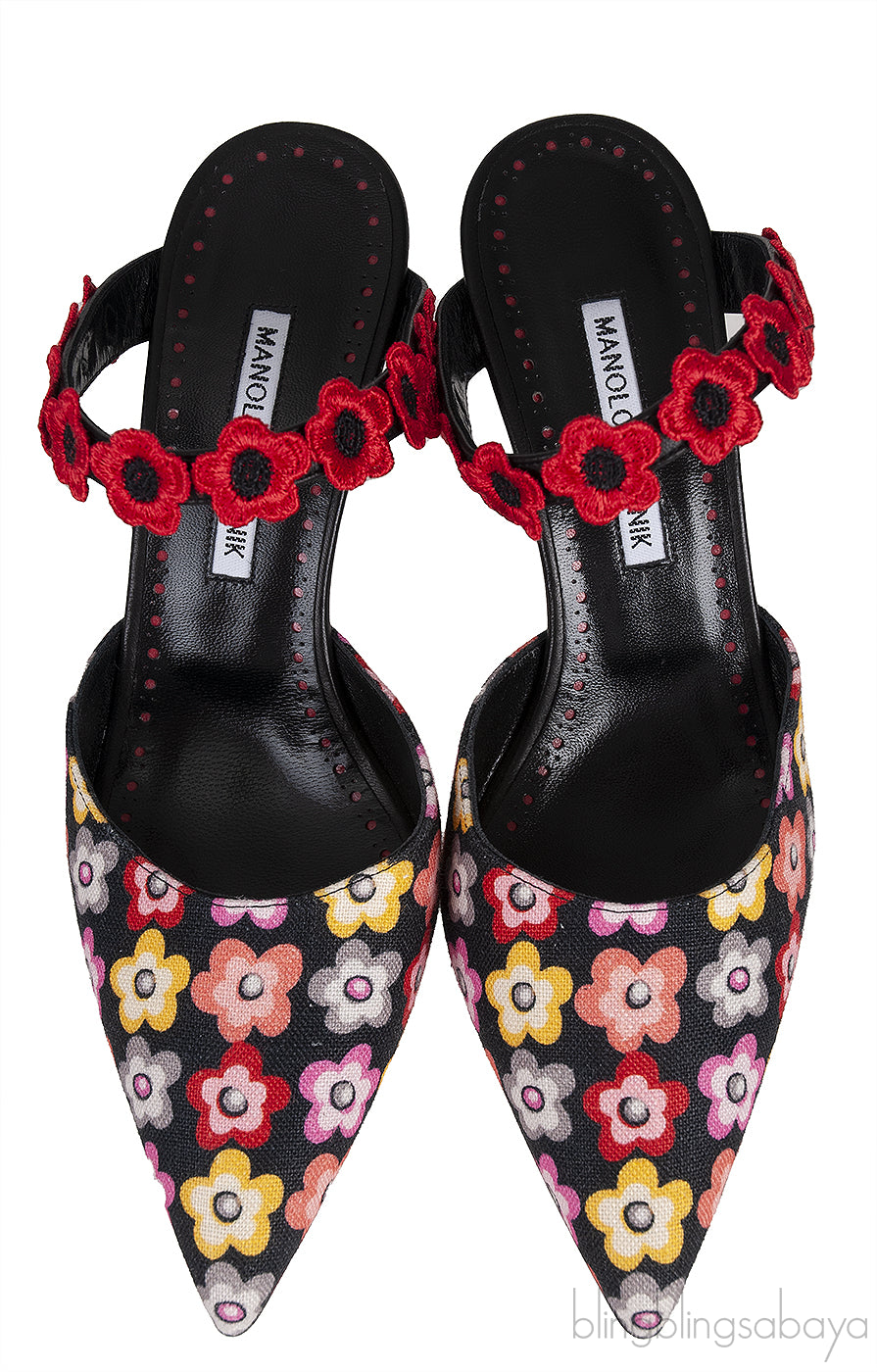Chamaca 70 Appliquéd Floral-print Linen Mules