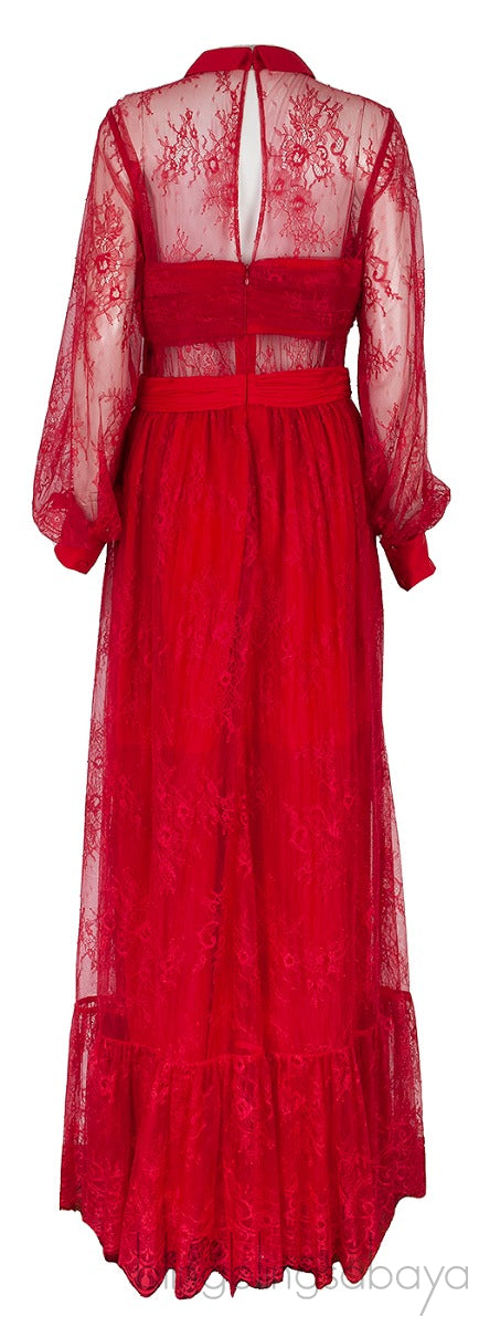 Red Fine Floral-Lace Maxi Dress