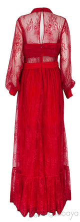 Red Fine Floral-Lace Maxi Dress