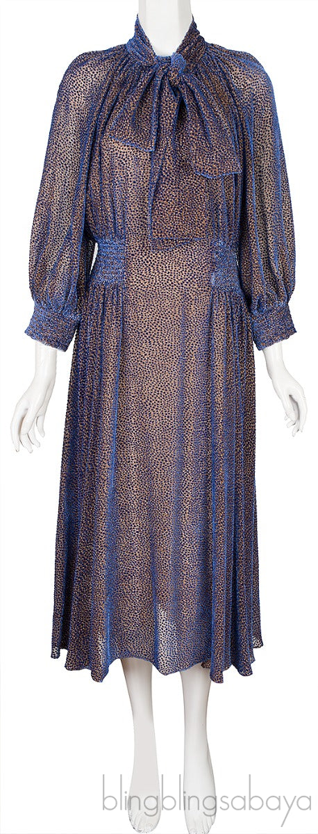 Blue Velvet Self-tie Neck Midi Dress