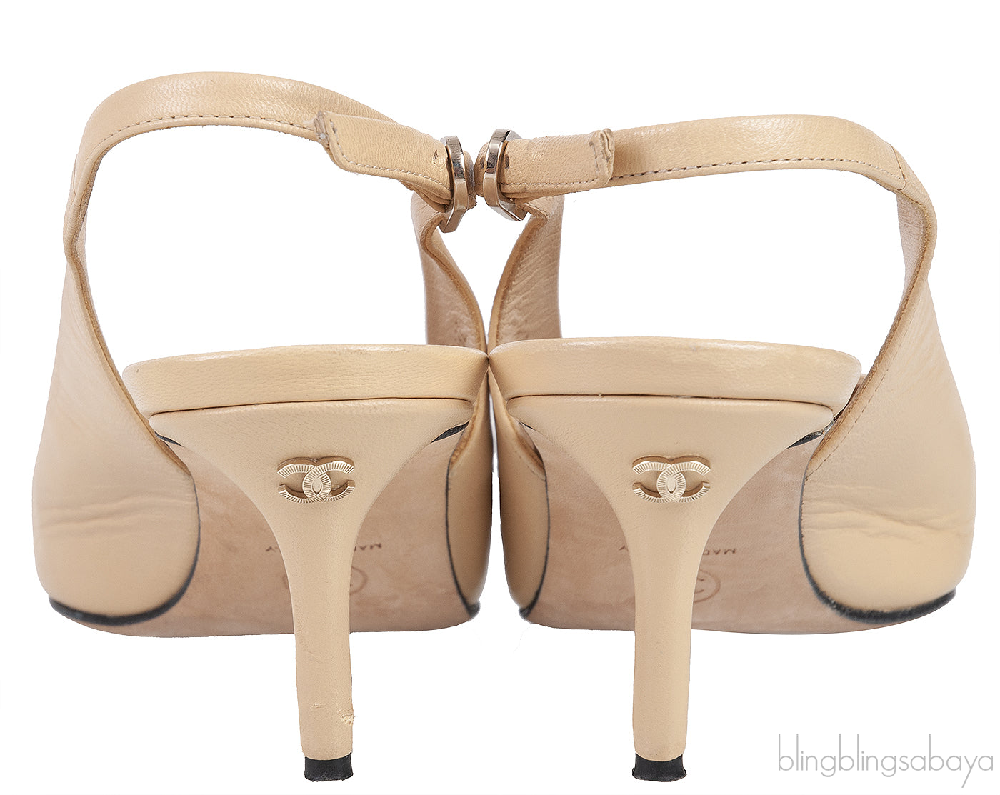Beige Leather/Black Canvas Slingback Shoes