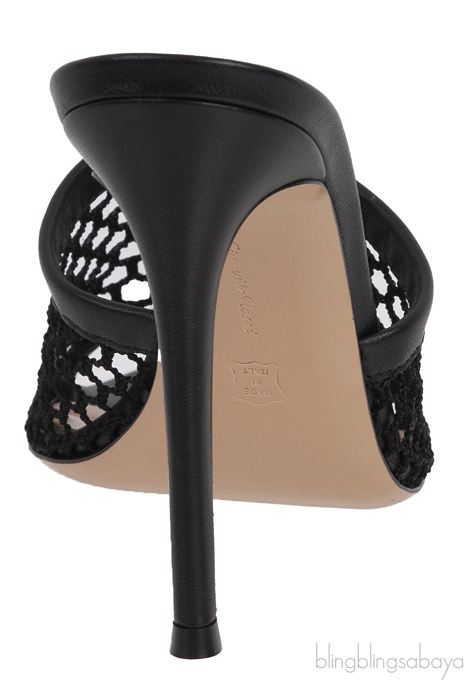 Black Leather Trimmed Fishnet Mules