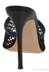 Black Leather Trimmed Fishnet Mules