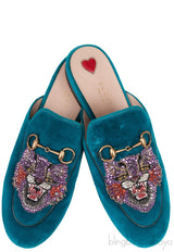 Teal Tiger Embroidered Princetown Slide