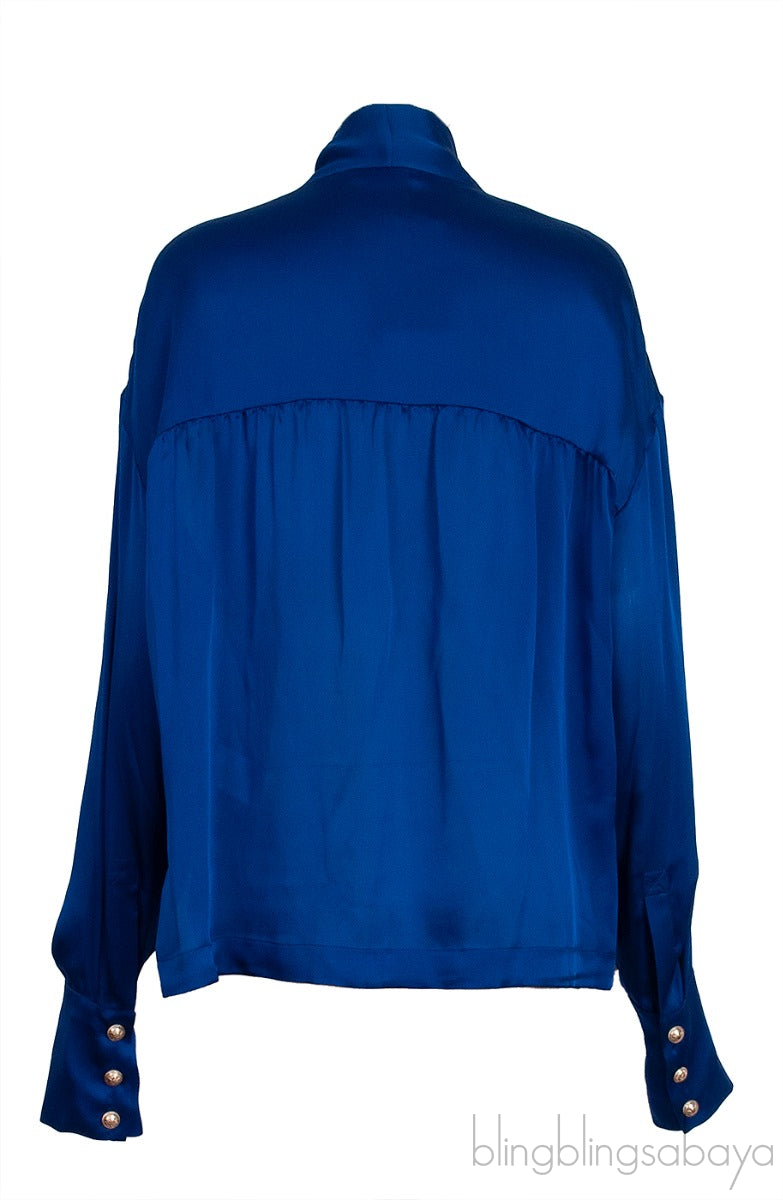 Blue Self-tie Silk Longsleeve Shirt