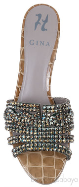 Moss Green Croc Embossed Crystal Heeled Sandals