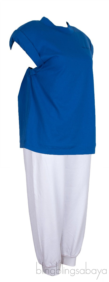 Blue Padded Shoulder Top & White Jogger