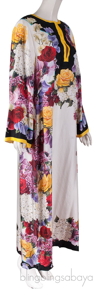 Yellow Trim Floral Printed Kaftan Dress