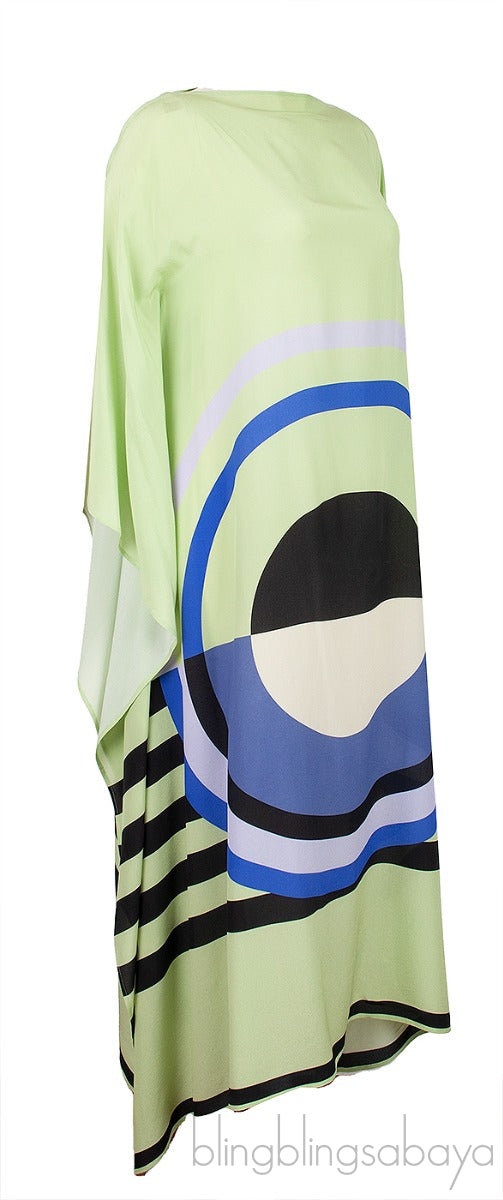 Leaf Green Printed Silk Kaftan Dress
