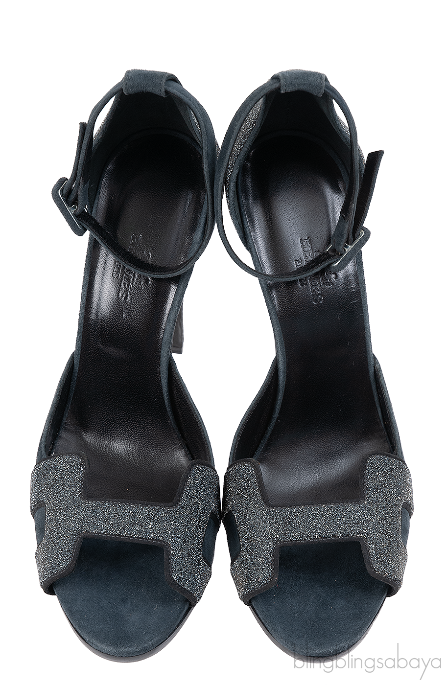 Hermes Premiere Glitter Blue Grey Suede Sandals