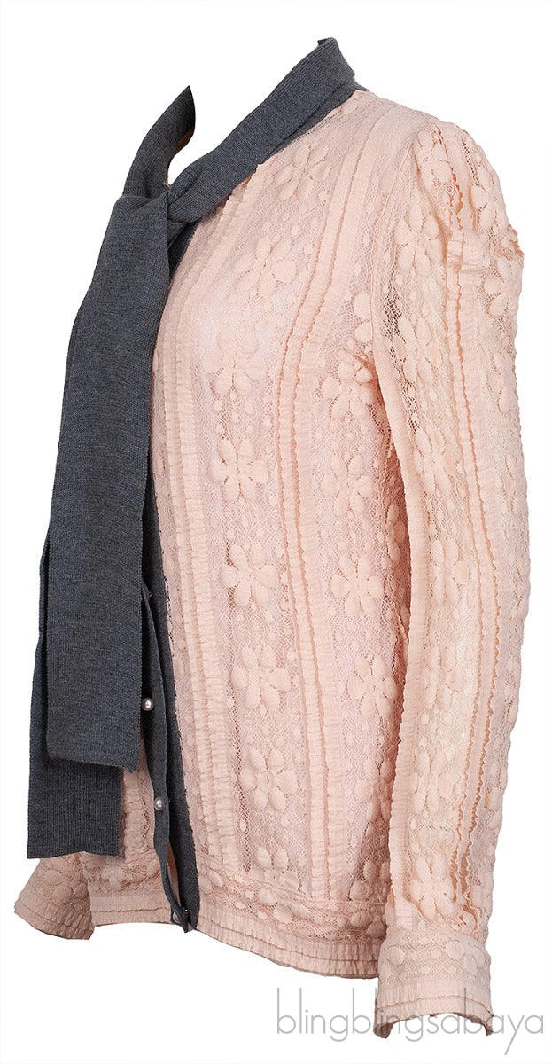 Flesh Lace Knit Self-tie Long Sleeve Blouse