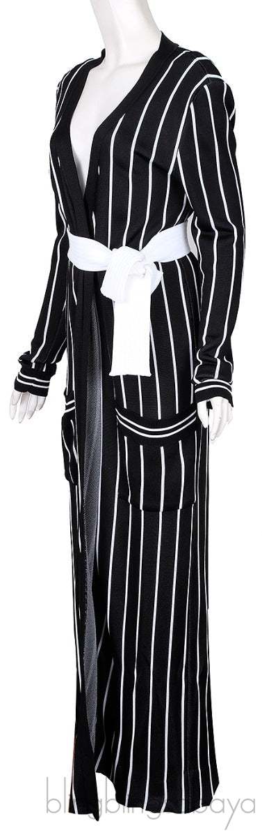 Black Stripe Knit Stretch Cardigan Robe