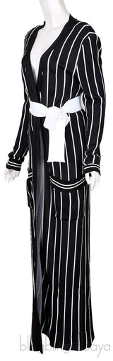 Black Stripe Knit Stretch Cardigan Robe