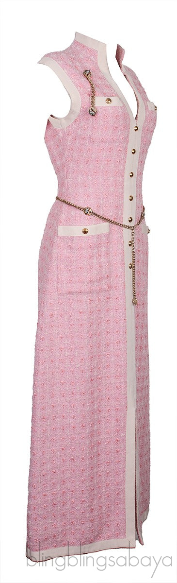 Pink Tweed Sleeveless Long Dress