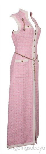 Pink Tweed Sleeveless Long Dress