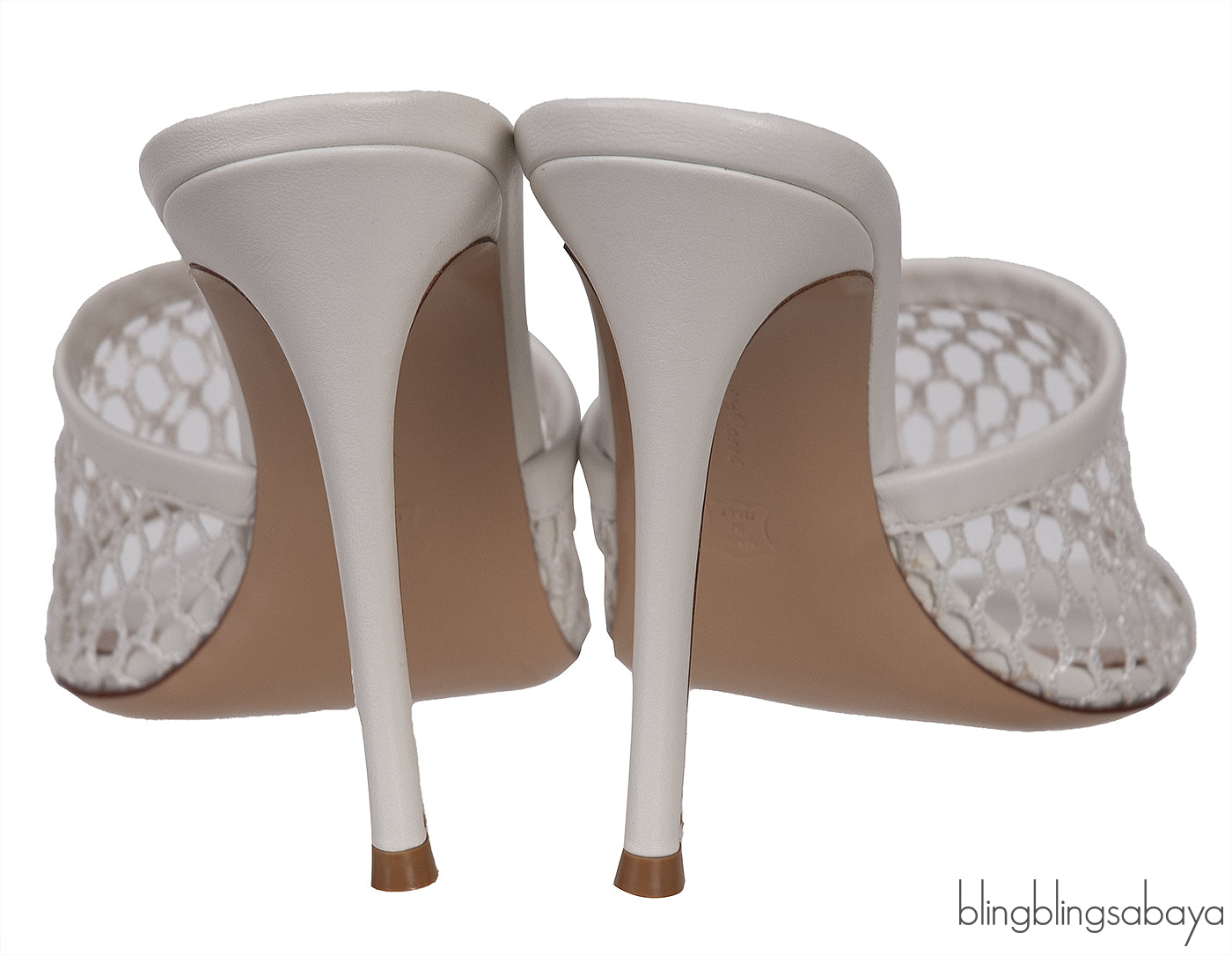White Leather Trimmed Fishnet Mules