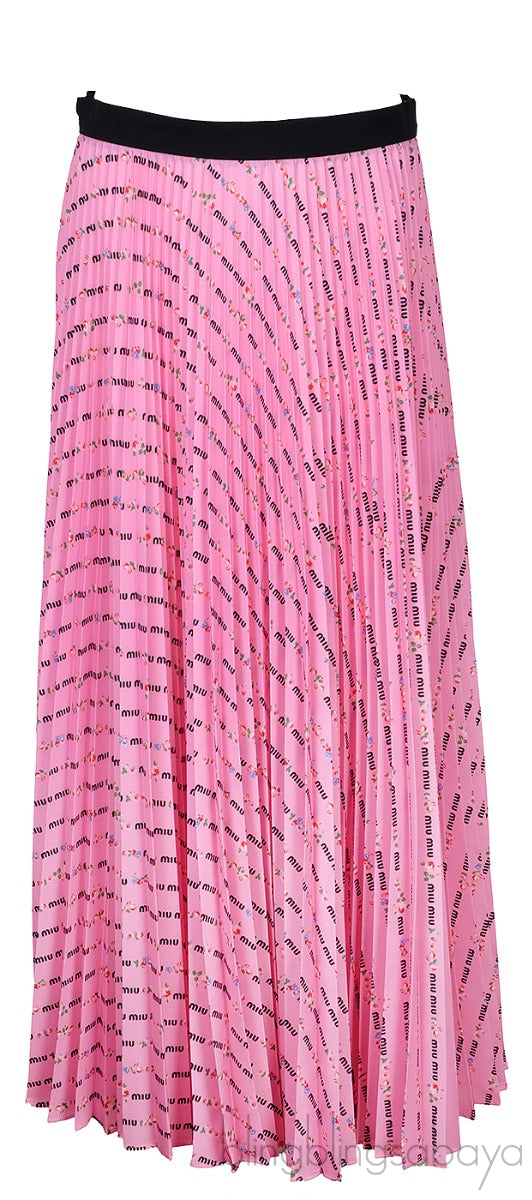 Pink Pleated Logo Print Skirt