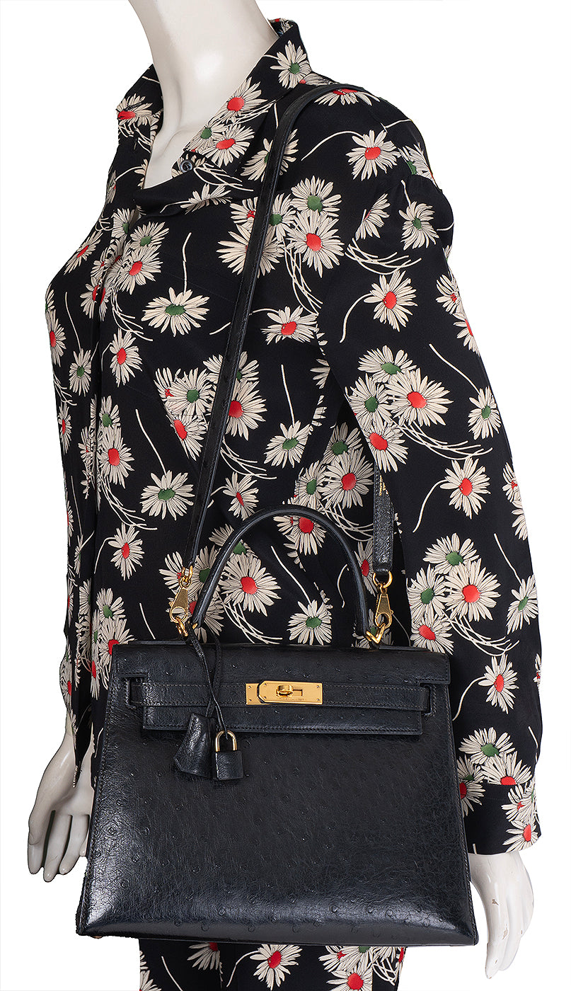 Hermes Vintage Kelly 28 Black Ostrich