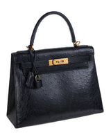 Hermes Vintage Kelly 28 Black Ostrich