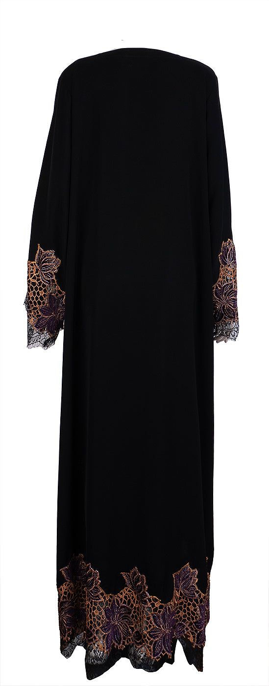 Rauaa Official Black Floral Lace Velvet Trim Abaya XXL