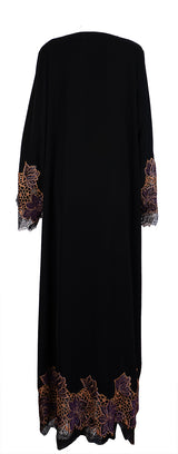 Rauaa Official Black Floral Lace Velvet Trim Abaya XXL