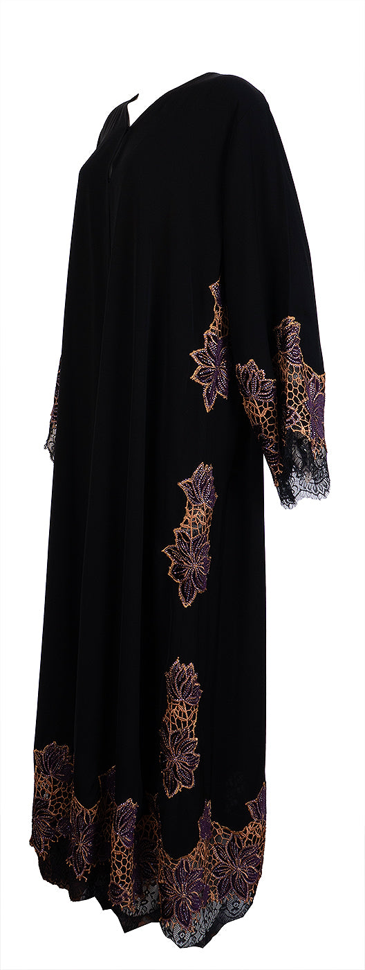 Rauaa Official Black Floral Lace Velvet Trim Abaya XXL