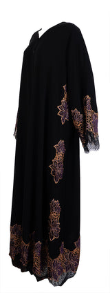 Rauaa Official Black Floral Lace Velvet Trim Abaya XXL