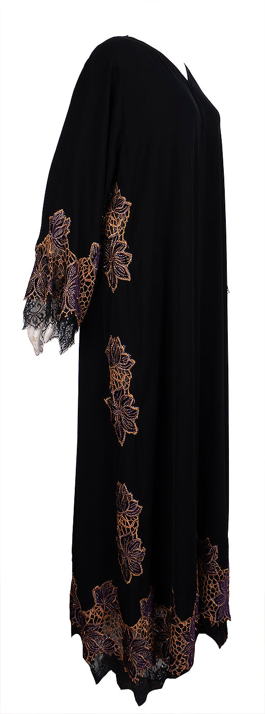 Rauaa Official Black Floral Lace Velvet Trim Abaya XXL