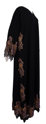Rauaa Official Black Floral Lace Velvet Trim Abaya XXL