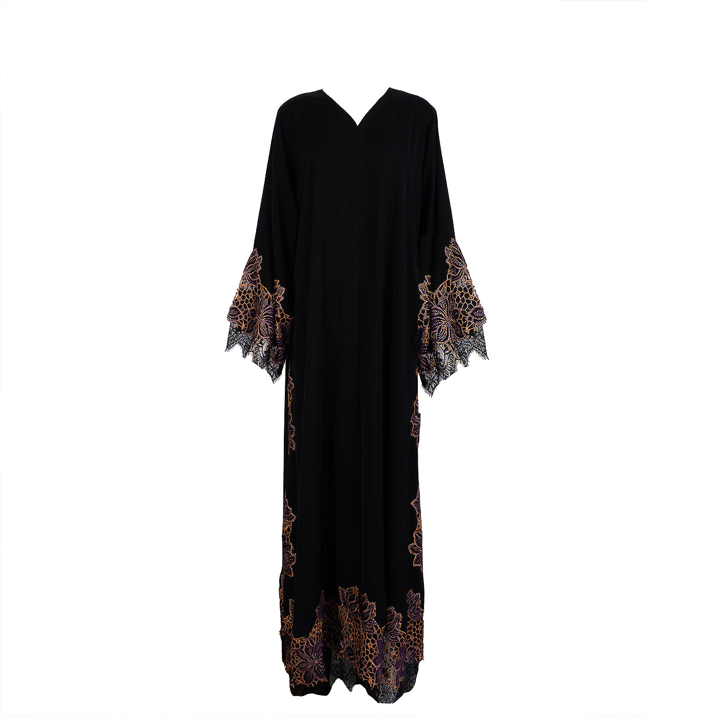 Rauaa Official Black Floral Lace Velvet Trim Abaya XXL