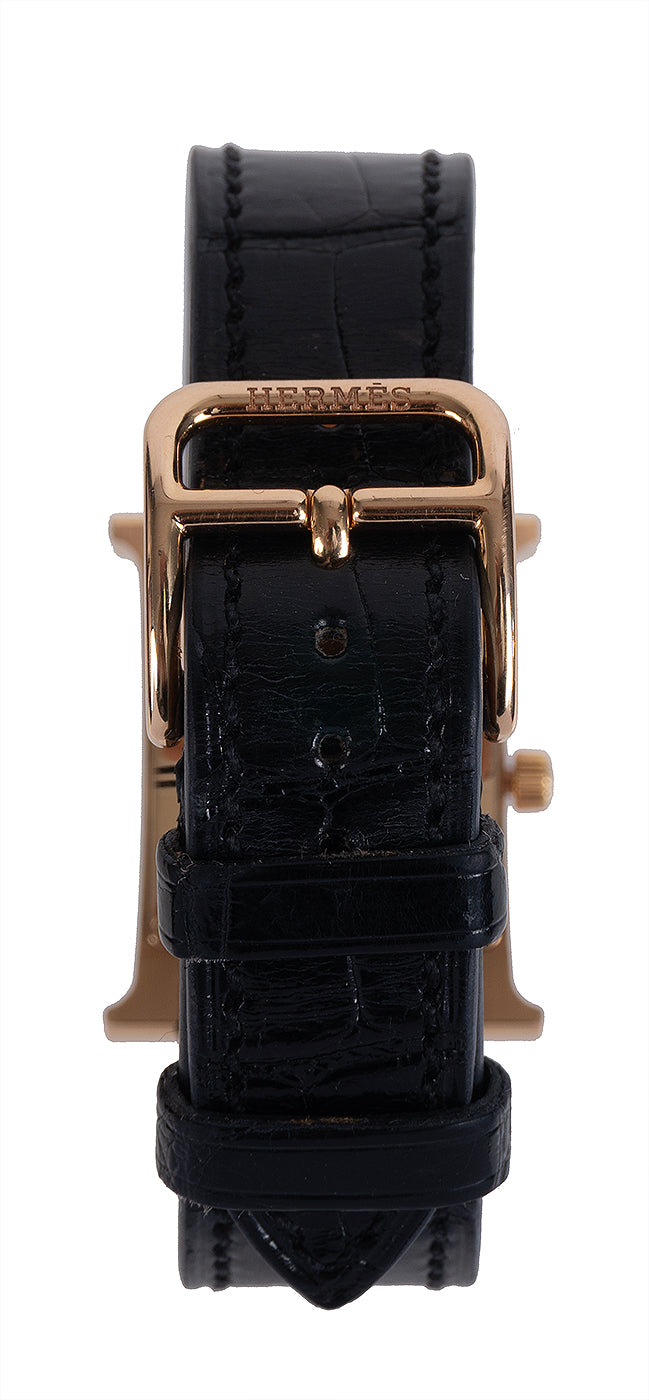 Hermes H Hour White MOP Diamond Watch 21 mm Crocodile Strap