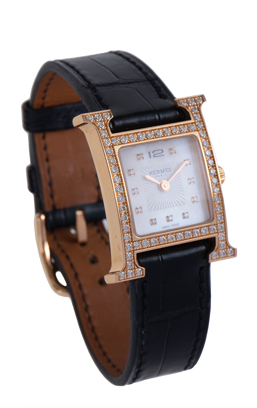 Hermes H Hour White MOP Diamond Watch 21 mm Crocodile Strap