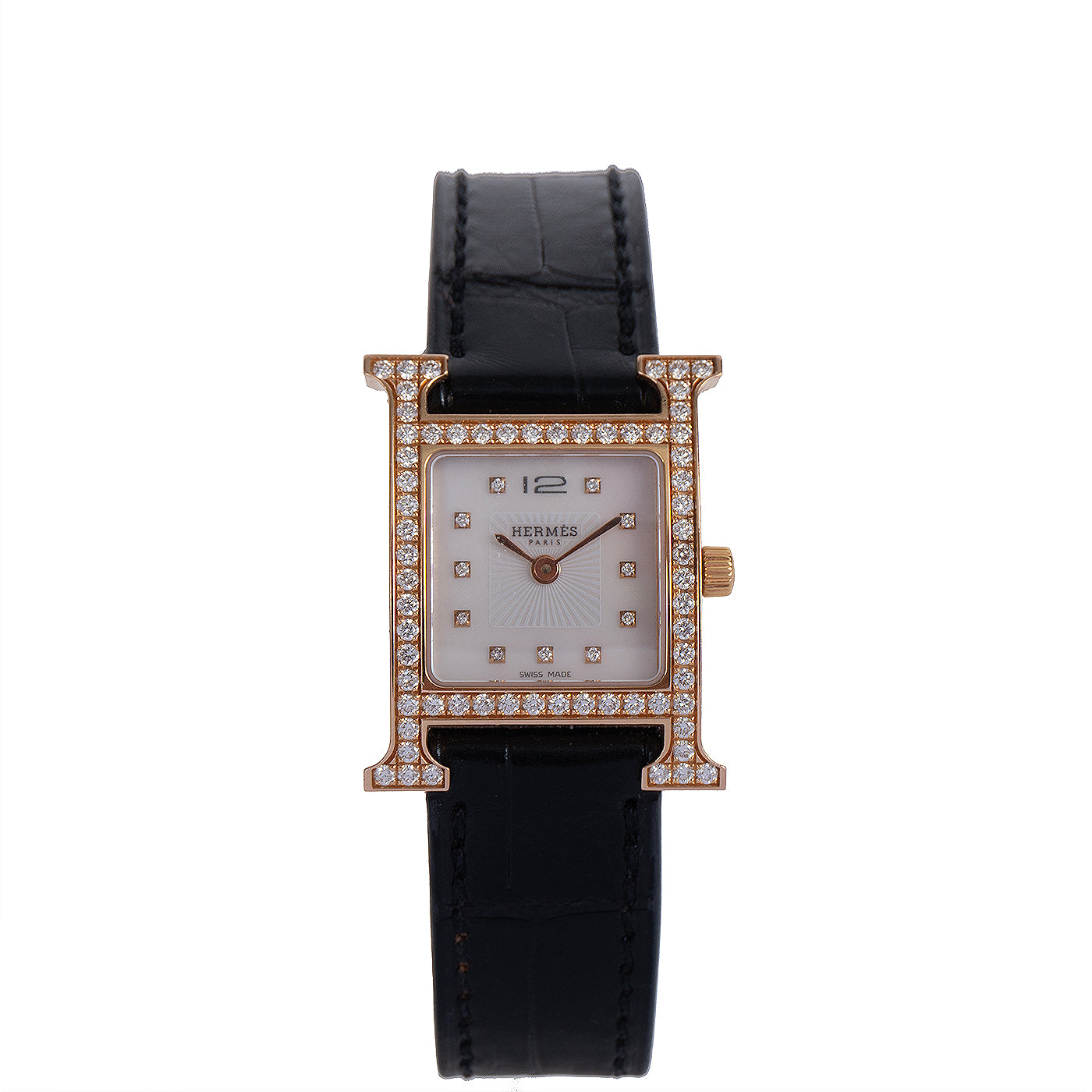 Hermes H Hour White MOP Diamond Watch 21 mm Crocodile Strap