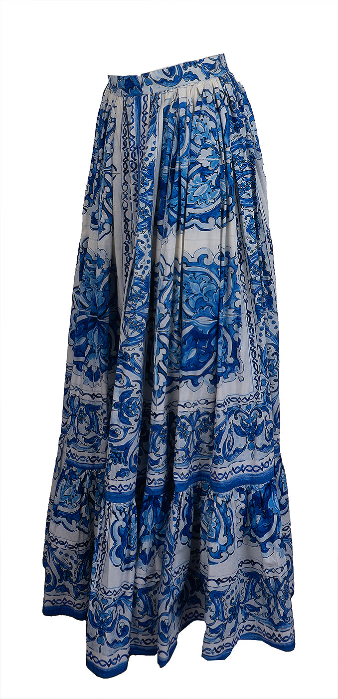 Dolce and Gabbana Blue Majolica Print Maxi Skirt S