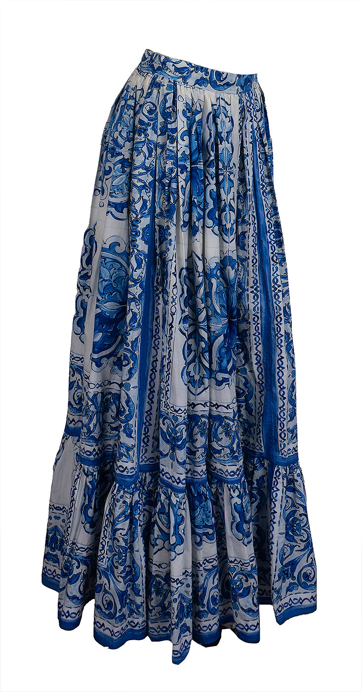Dolce and Gabbana Blue Majolica Print Maxi Skirt S