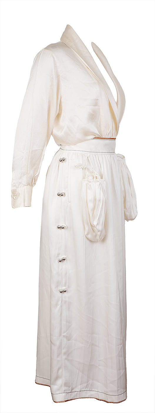 Loewe Ivory white Pleated Maxi Skirt & Long Sleeve Shirt