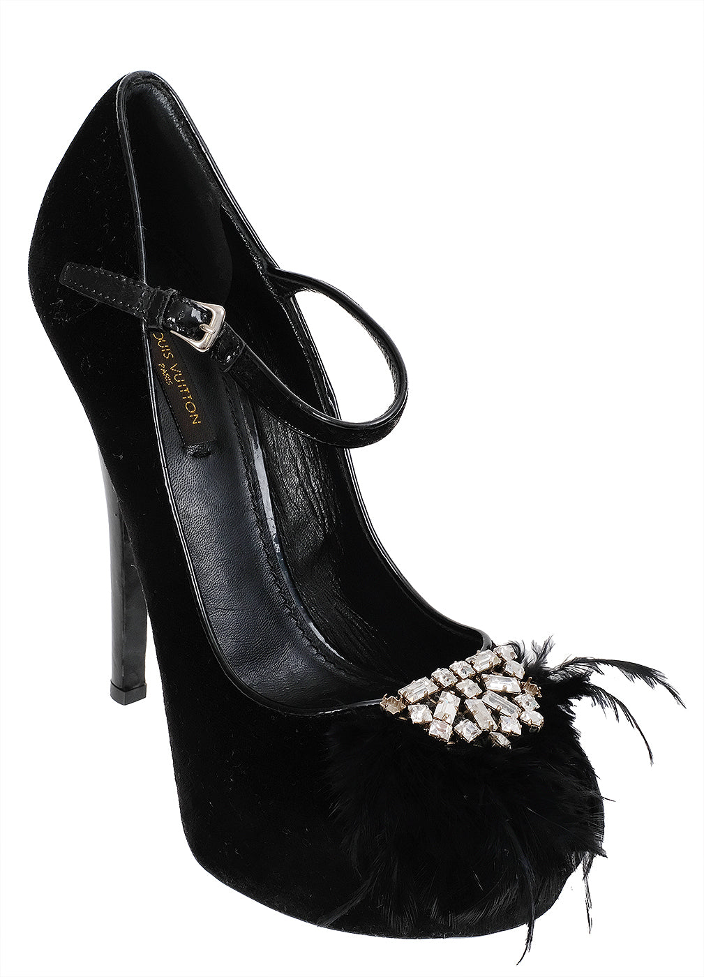 Louis Vuitton Black Velvet Crystal/Feather Heels