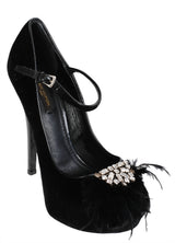 Louis Vuitton Black Velvet Crystal/Feather Heels