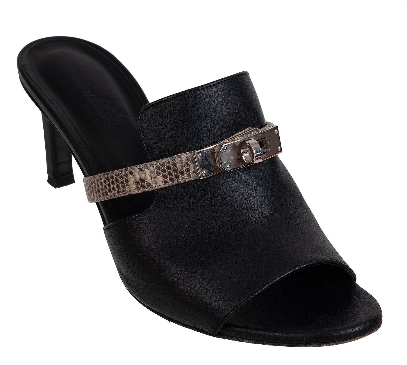 Hermes Cute Black Leather and Ombre Lizard Sandals 37