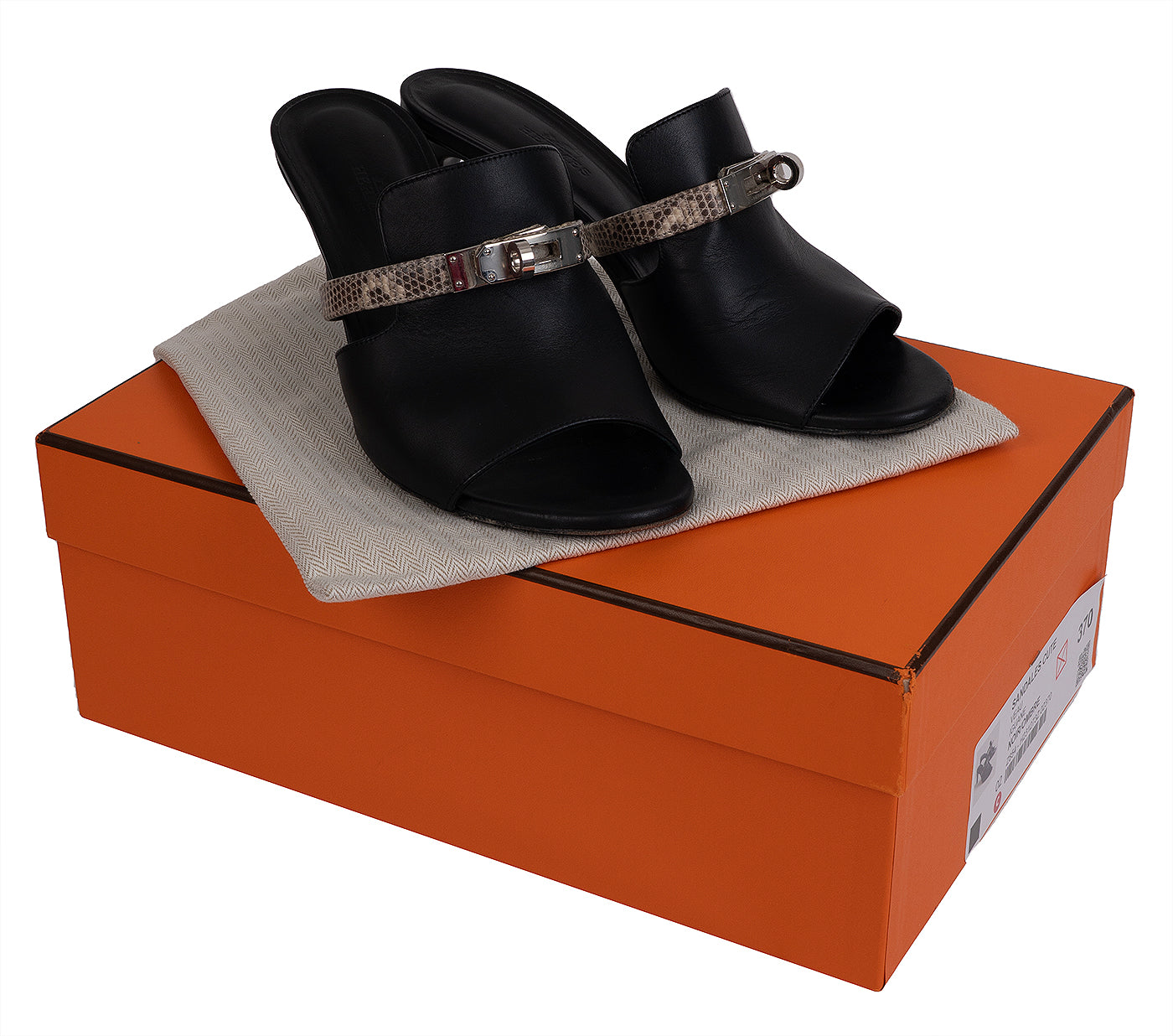 Hermes Cute Black Leather and Ombre Lizard Sandals 37
