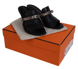 Hermes Cute Black Leather and Ombre Lizard Sandals 37