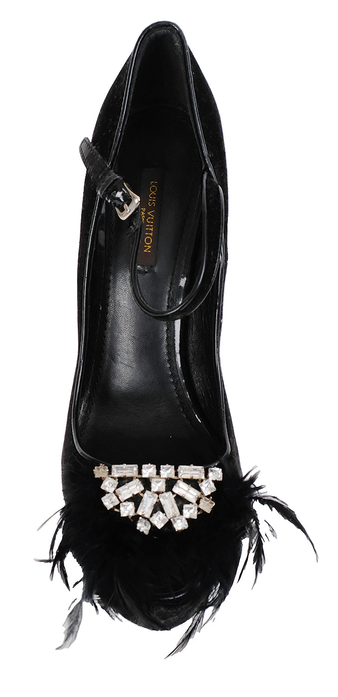 Louis Vuitton Black Velvet Crystal/Feather Heels