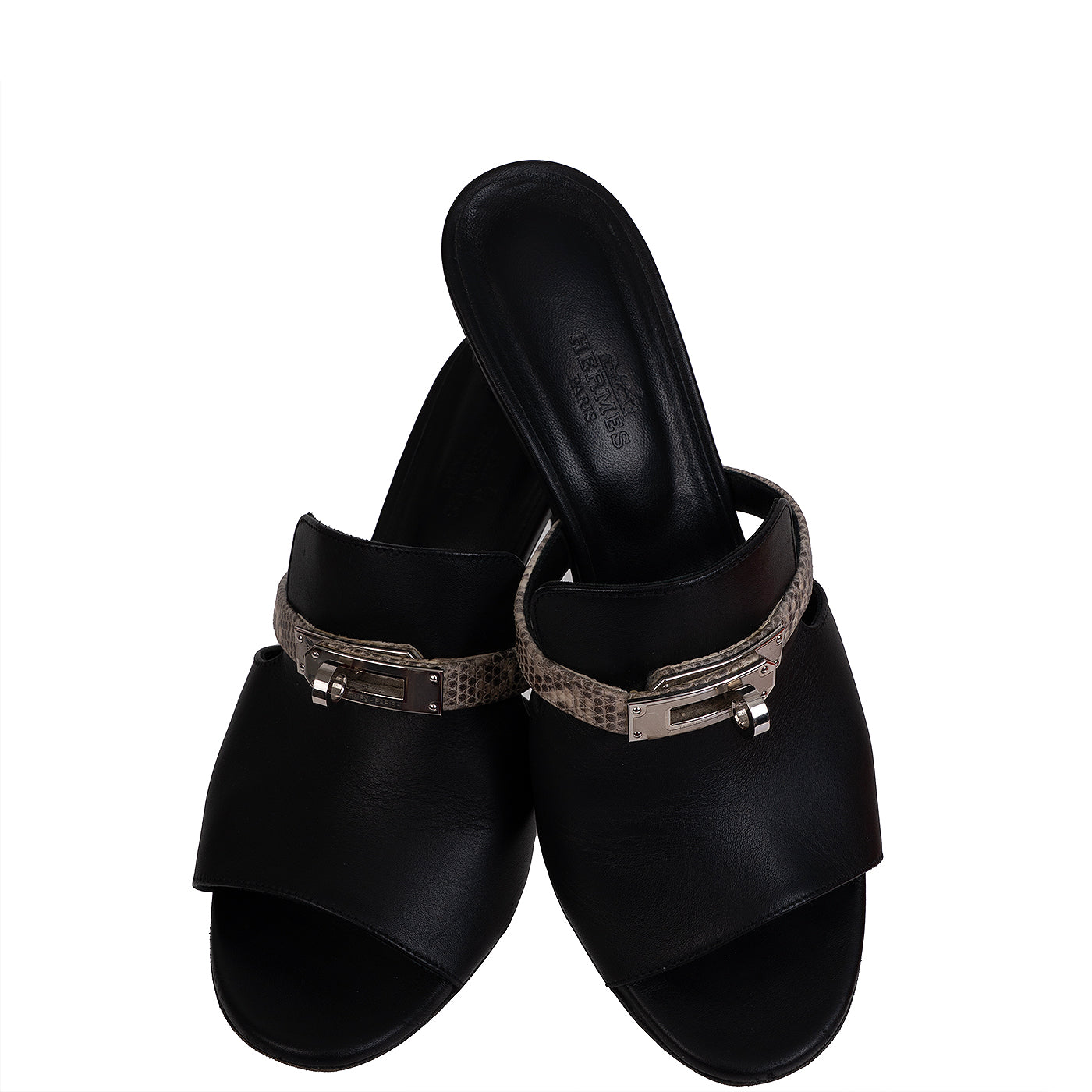 Hermes Cute Black Leather and Ombre Lizard Sandals 37