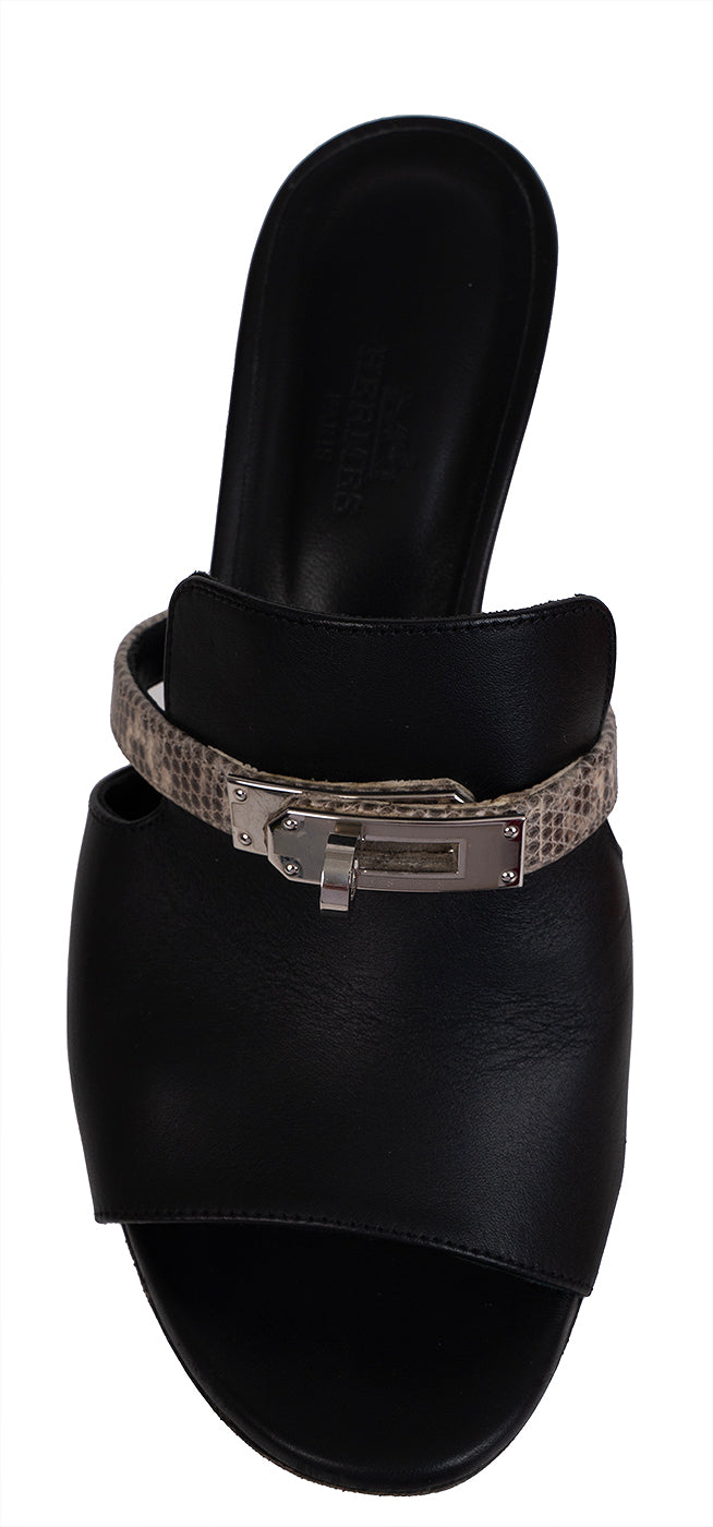 Hermes Cute Black Leather and Ombre Lizard Sandals 37