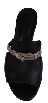 Hermes Cute Black Leather and Ombre Lizard Sandals 37
