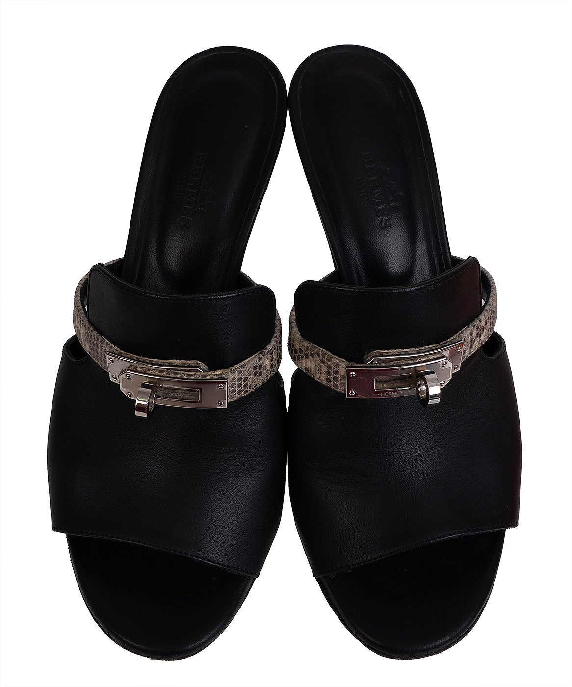 Hermes Cute Black Leather and Ombre Lizard Sandals 37