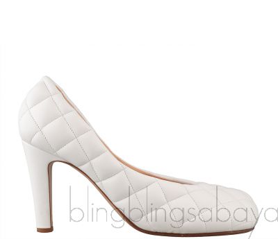 White Padded Block Square Toe Quilted Heels