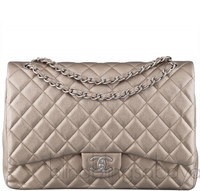 Metallic Silvery Gold Quilted Maxi Flap Bag